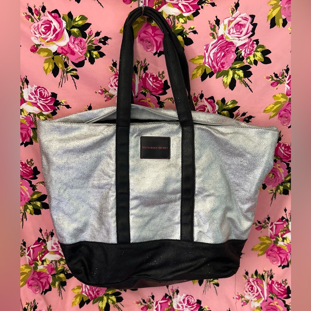 Victoria secret tote overnight bag thick durable canvas silver metallic black